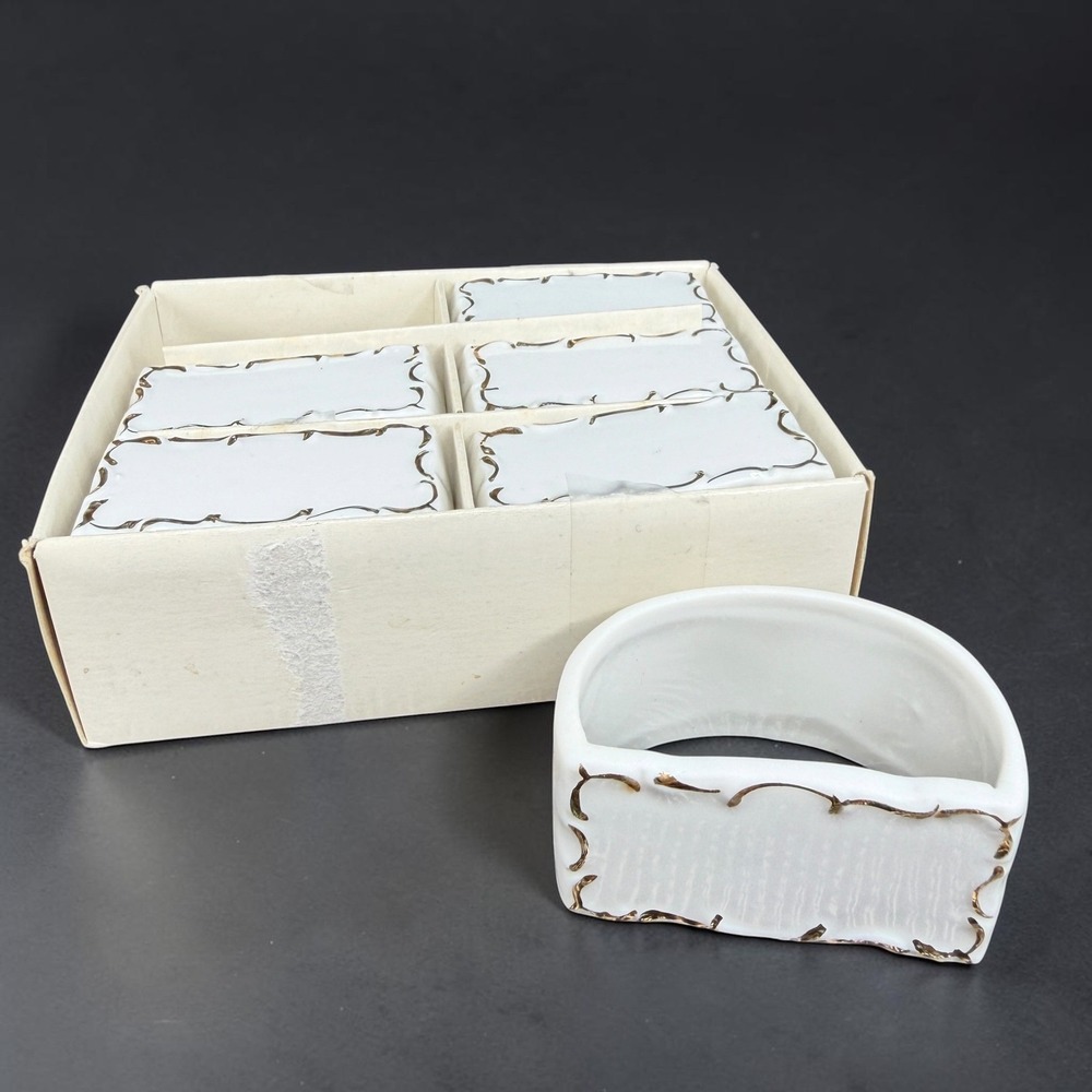 Vintage Shafford Japan White Porcelain Gold Gilt Napkin Rings Set of 6 Scalloped